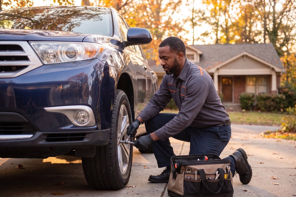 An RM3 Automotive technician repairing a vehicle at a customer address